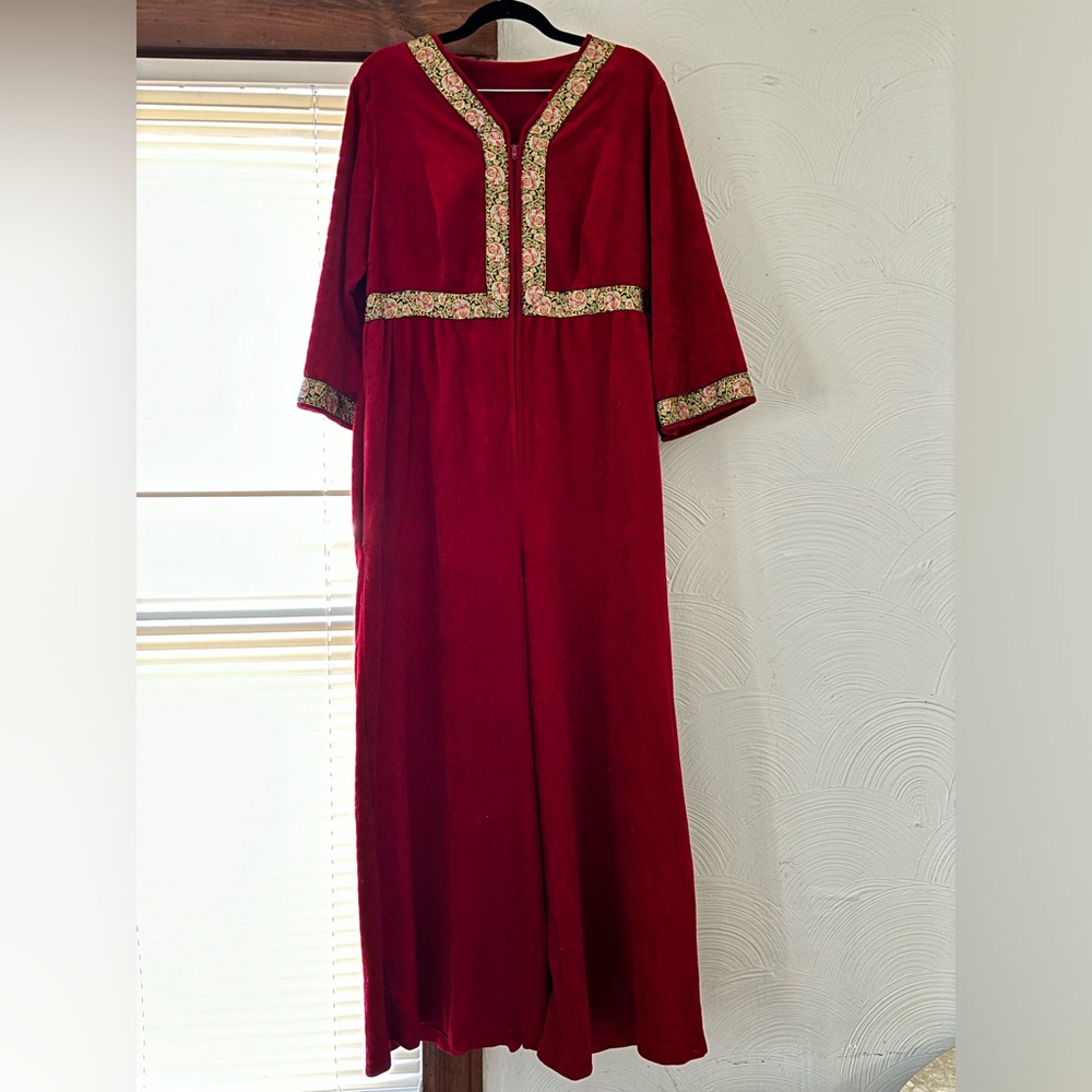 1970’s Vintage Carol Brent Red Velvet Robe Material Wide Leg Jumpsuit
